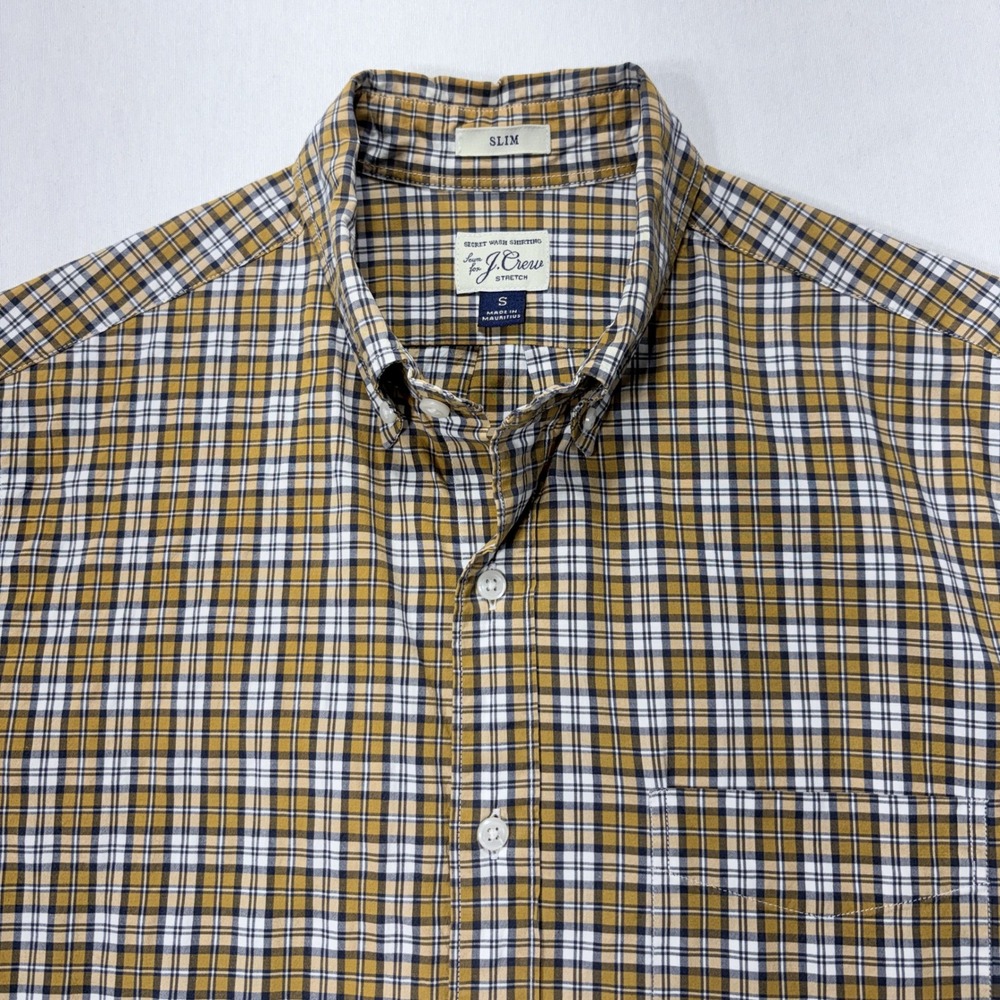 J.Crew Secret Wash Slim Stretch Shirt Mens Small Mustard Navy Check H4756